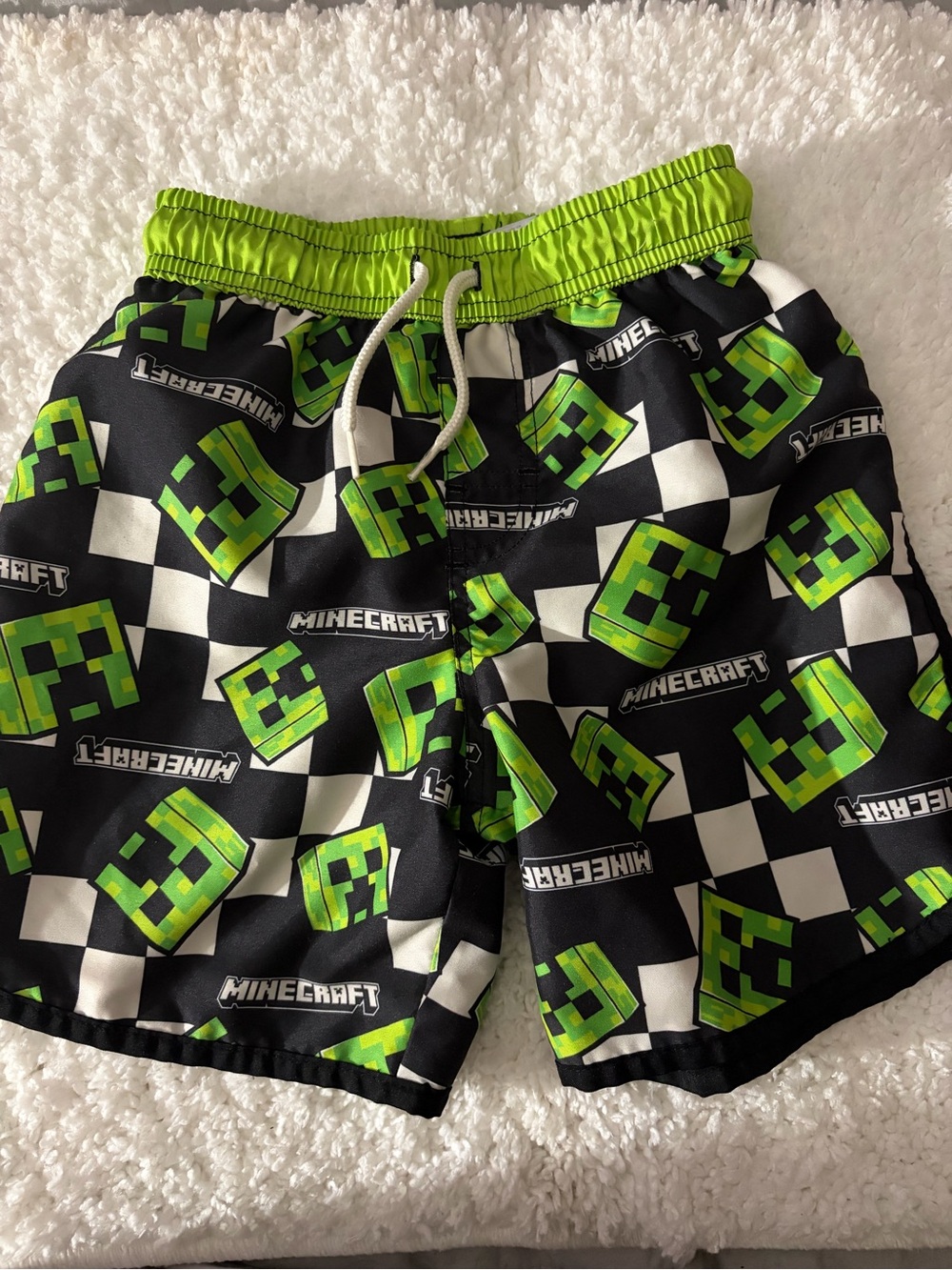 Minecraft Boys' Black & Lime Green Swim Trunks with Creeper Print